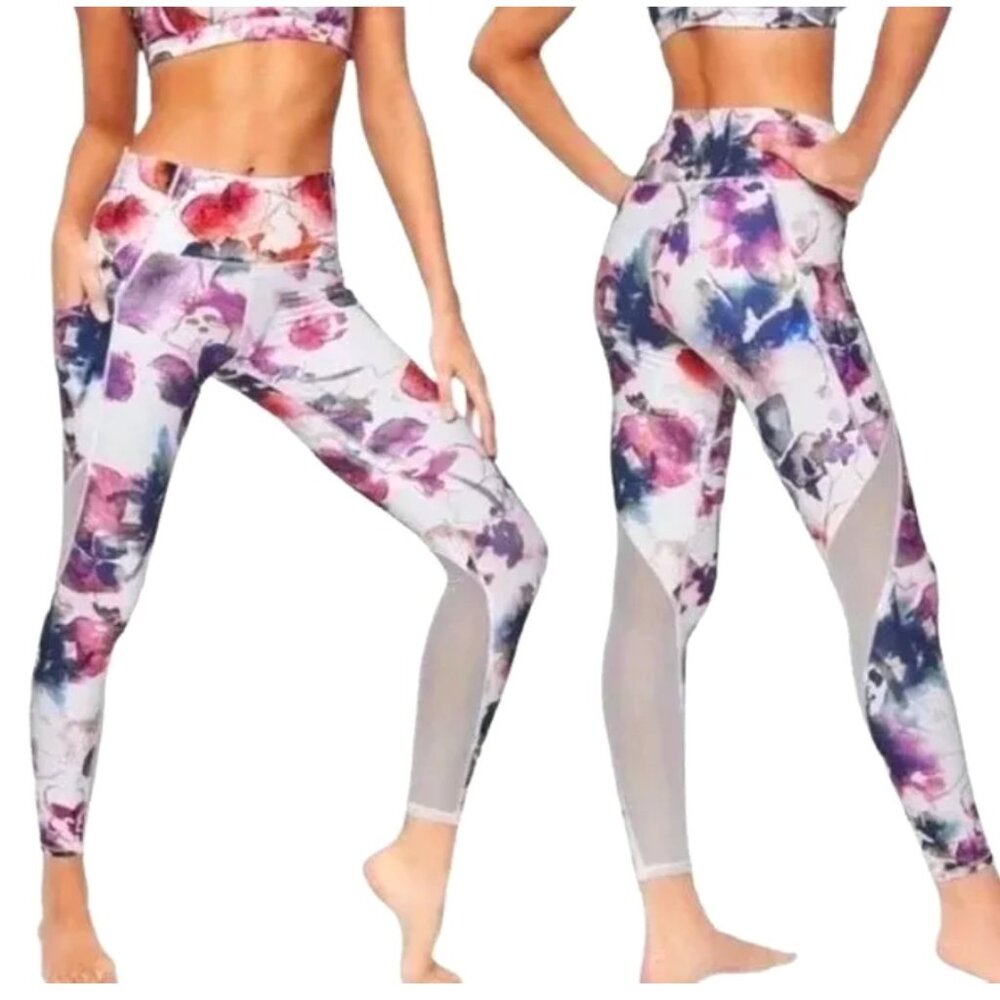 EUC Athleta Womens Watercolor Floral Mudra Mesh Detail 7/8 Leggings Size Small